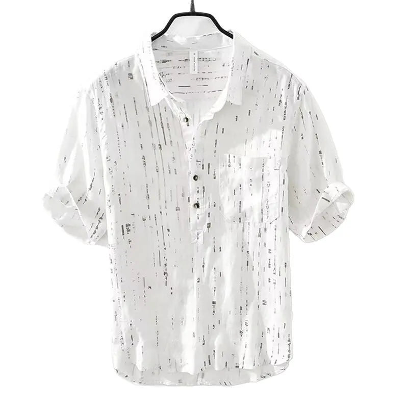 Men's loose fit summer polo shirt in white or black with lapel collar and short sleeves