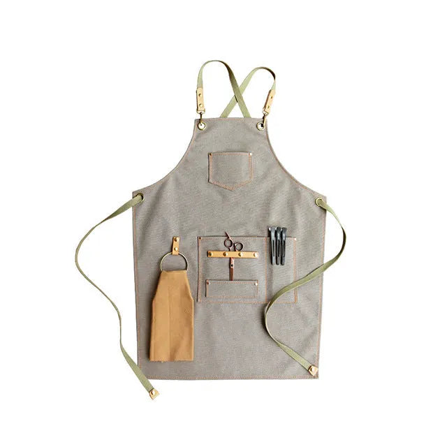 Han style canvas apron with cross-back straps in solid camel colour for cafe baking work