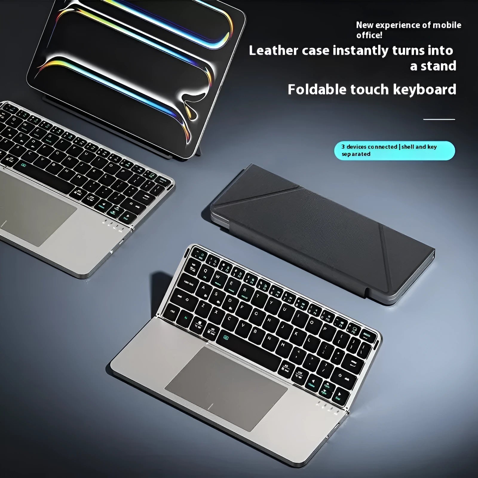 Grey wireless Bluetooth folding keyboard shown both folded and unfolded with mobile phone