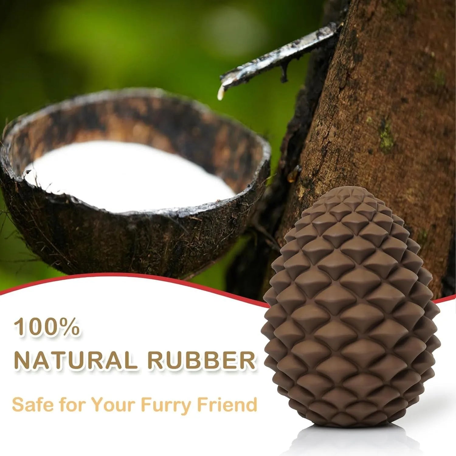 Yellow natural rubber pine cone-shaped dog toy with treat dispenser hole for medium and large dogs.
