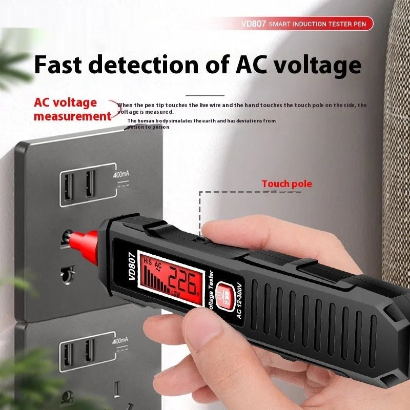 Black digital voltage tester pen with LCD display showing voltage reading