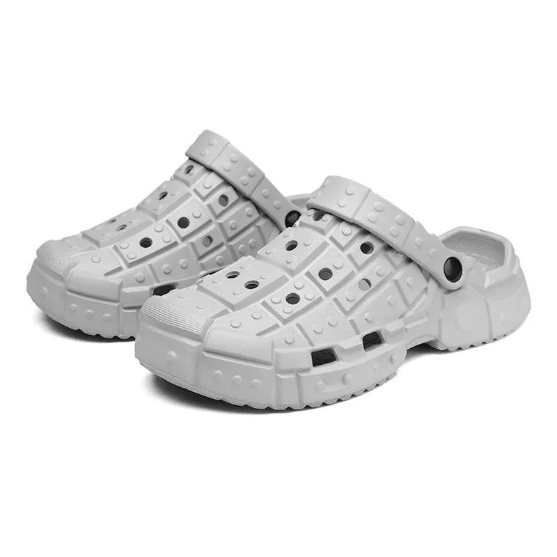 Men's simple EVA hole shoes with thick non-slip sole and toe holder design in sand colour