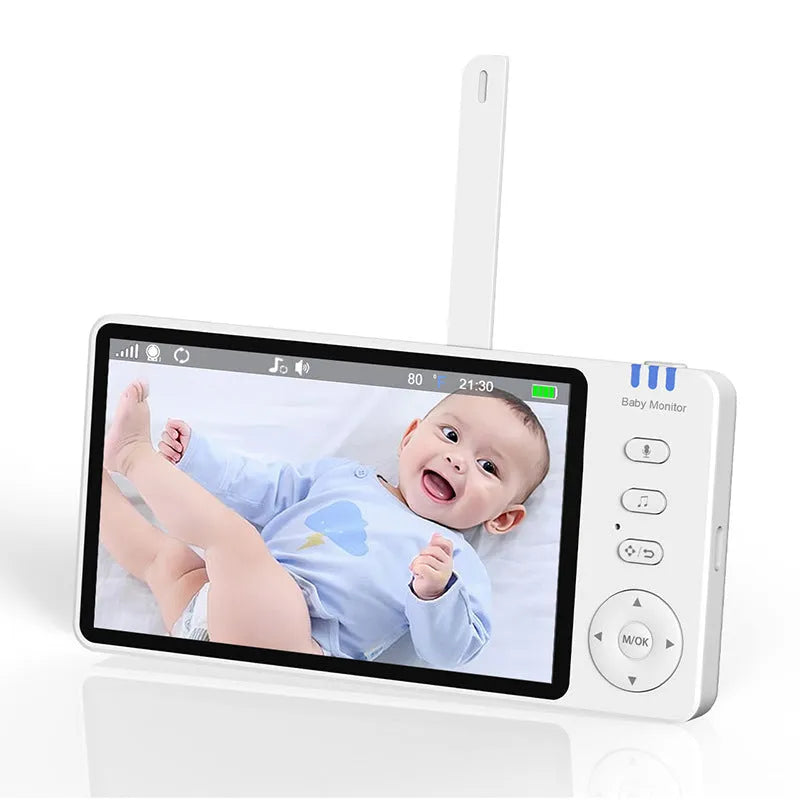 White baby monitor with 5-inch HD screen showing baby monitoring display