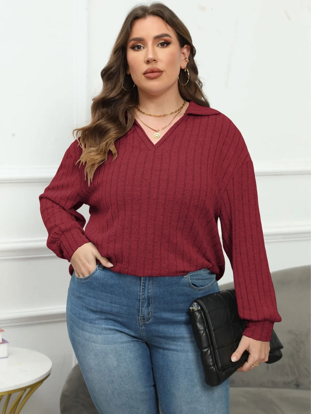 Women's plus size polo collar pullover shirt in melange grey polar fleece with lantern sleeves