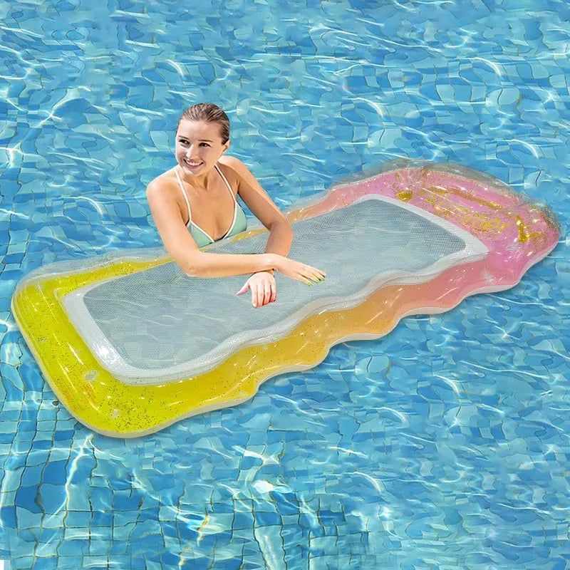 PVC inflatable floating row in gradient colours, available as recliner, canopy float, or sequined fruit design