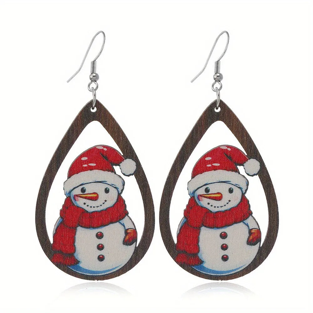 Wooden Christmas earrings with printed geometric designs featuring Santa Claus elements