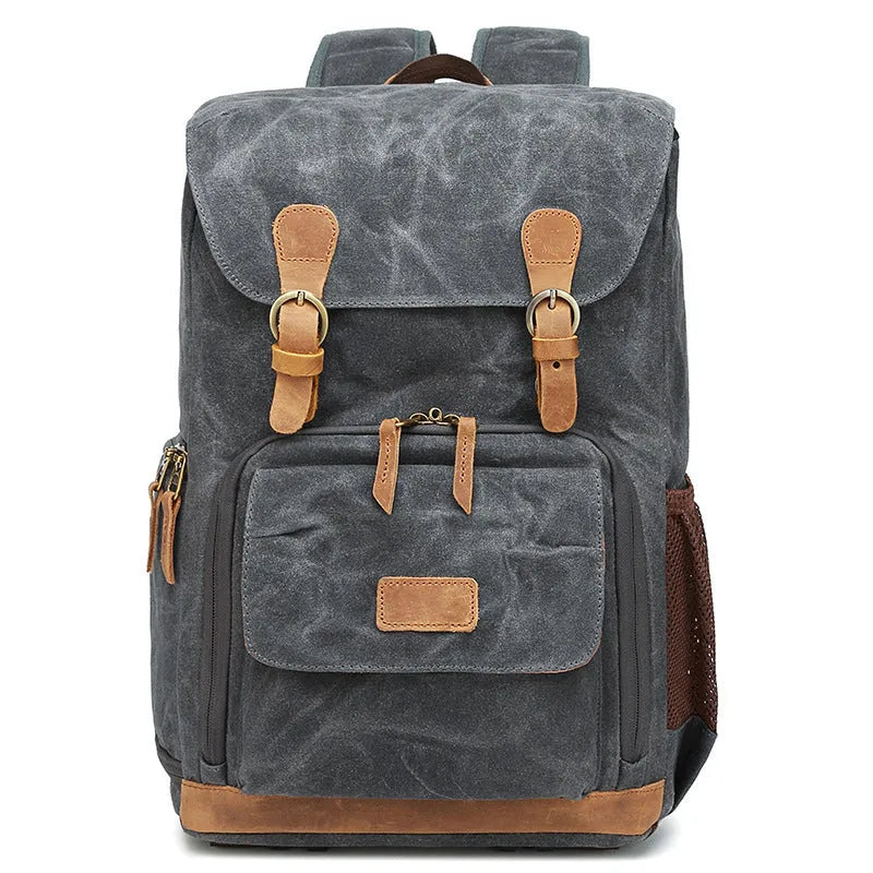 Canvas DSLR camera backpack in khaki colour with backpack straps and main compartment.