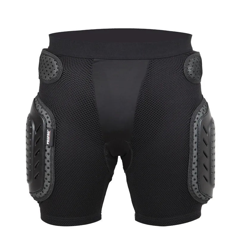 Black cycling hip pad pants showing integrated protective padding for sports safety in S M L XL sizes