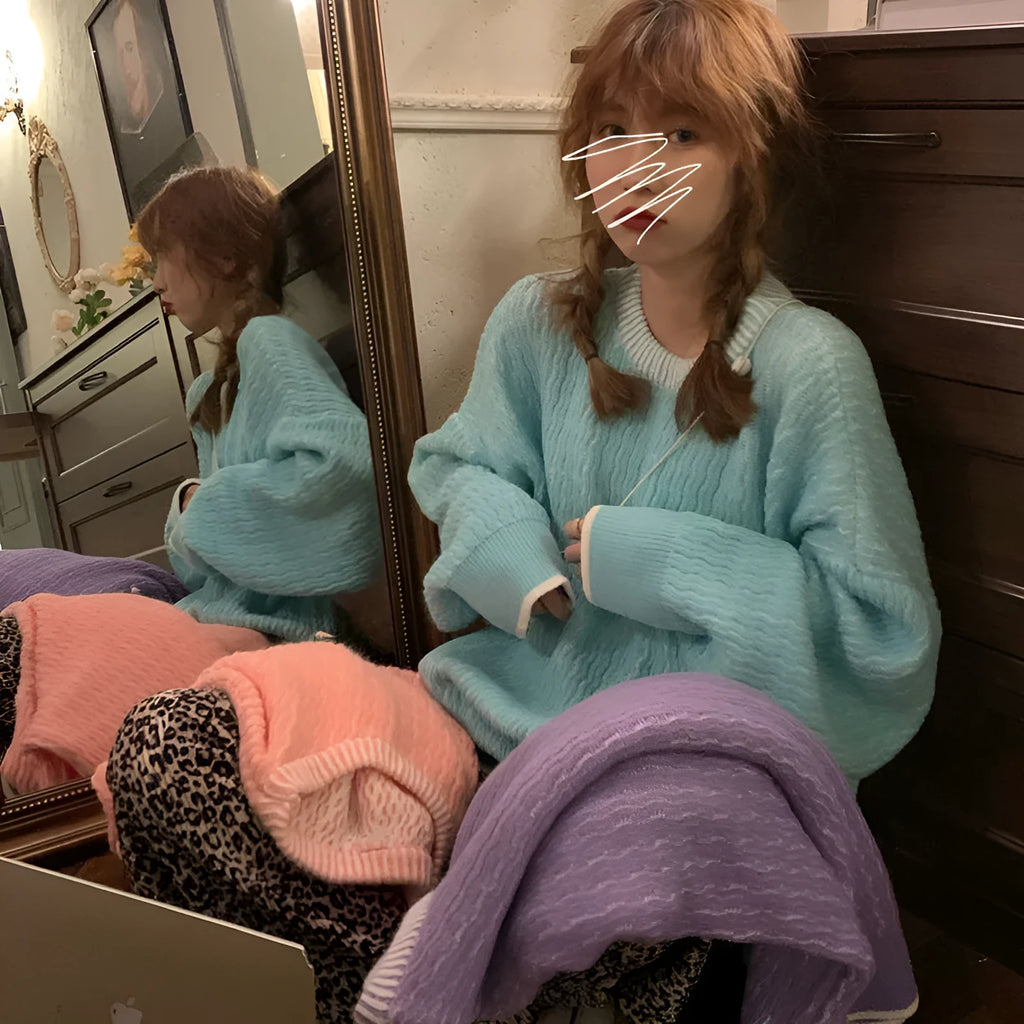 Loose women's retro pullover sweater in solid lake blue pink or purple thickened polyester fabric
