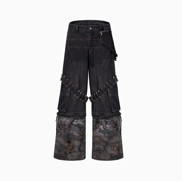 Men's grey jeans with camouflage splicing pattern and pin ribbon detailing