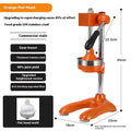 Vertical stainless steel manual juicer shown in multiple colour and head style options for household kitchen use.