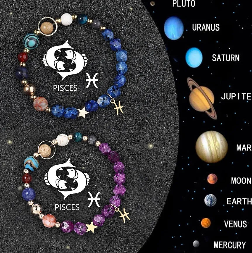 Natural stone beaded bracelet set showing all twelve zodiac signs with two bracelets displayed