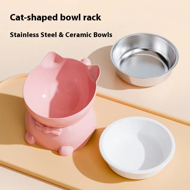 Stainless steel oblique cat bowl in blue colour on a plain surface