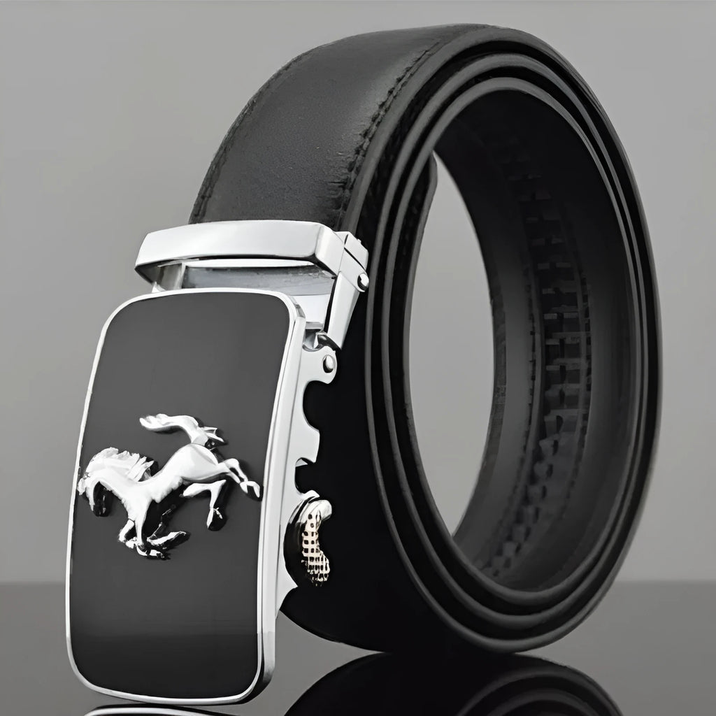 Men's black leather belt with automatic buckle showing cowhide texture and decorative pattern options