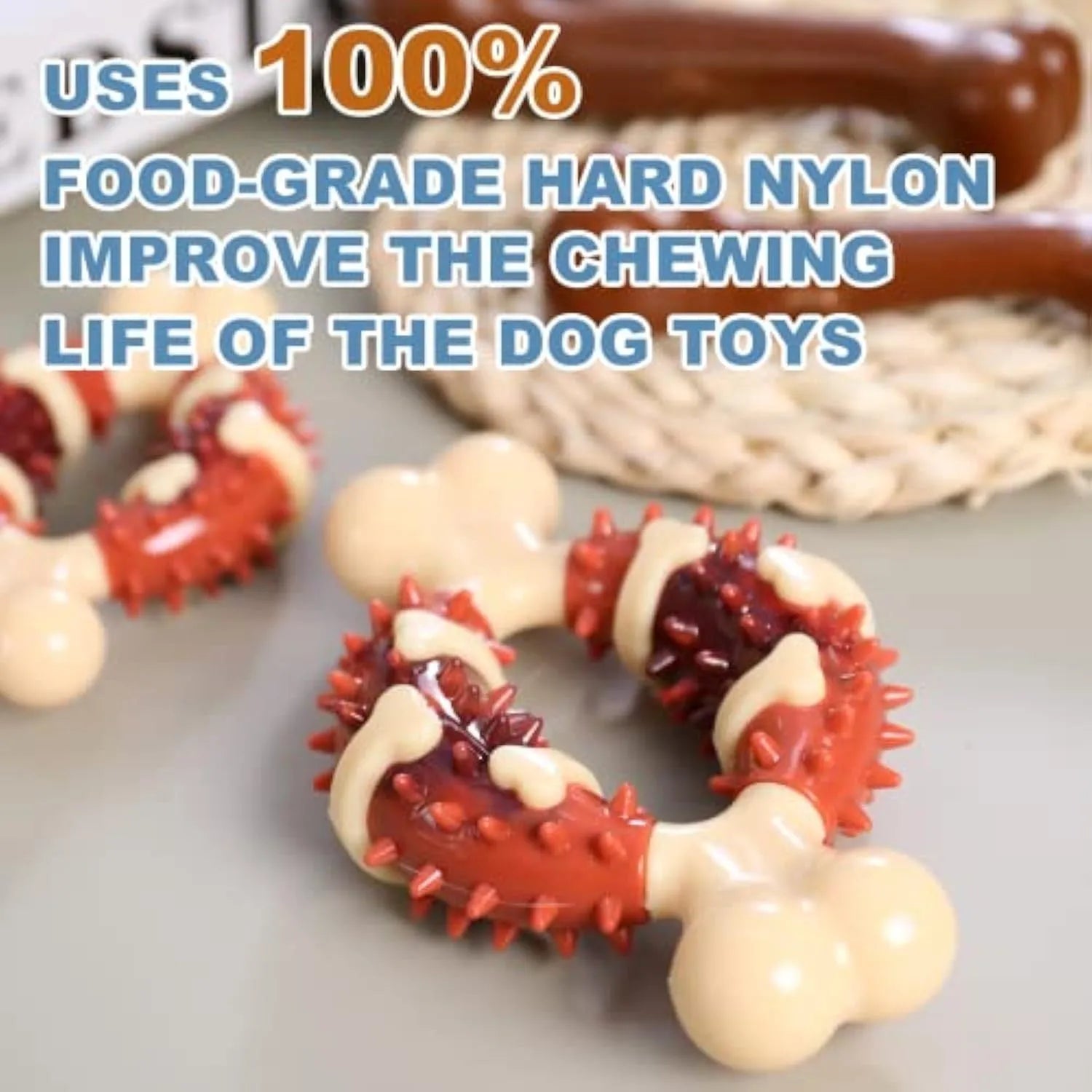 Bone-shaped natural rubber dog dental chew toy for teeth cleaning in large and small sizes.