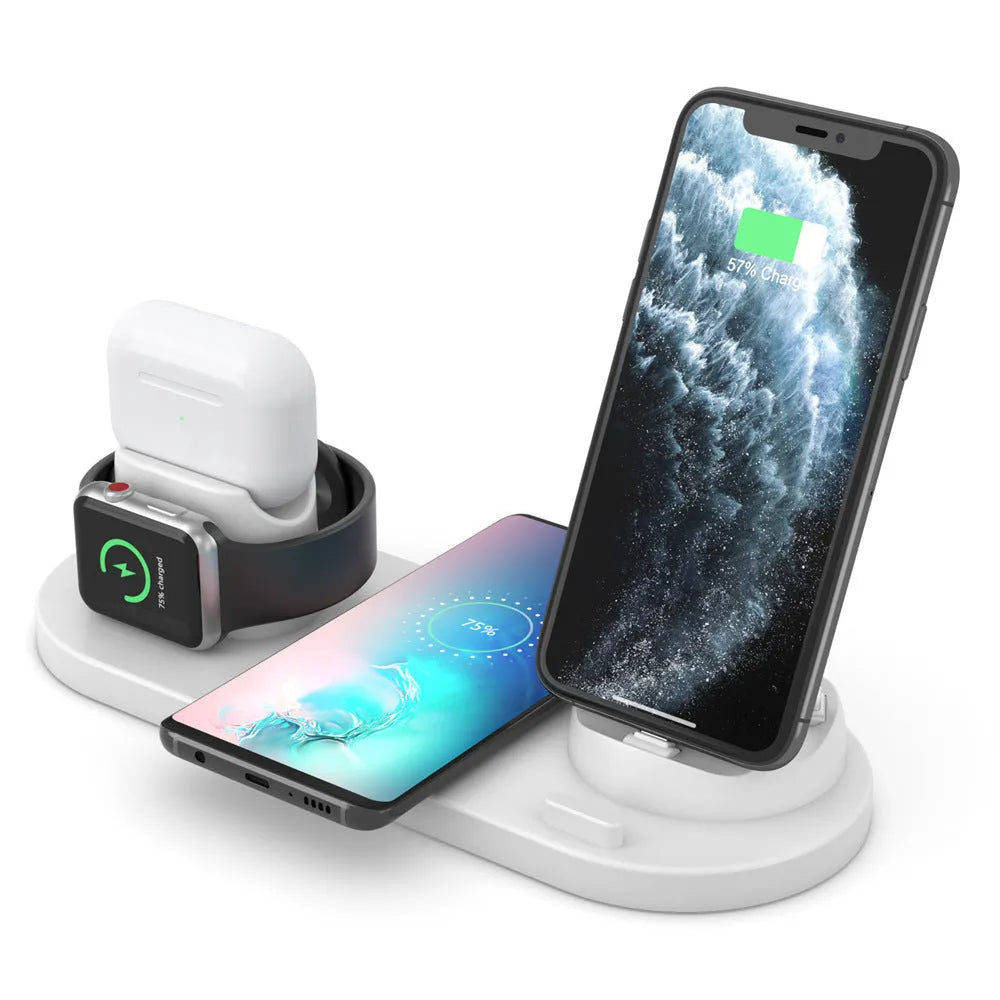 Black or white 6-in-1 wireless charging phone holder with 10W output and AirPods charging