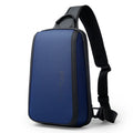 Blue men's Oxford cloth messenger bag with shoulder strap and handle, showing front view.