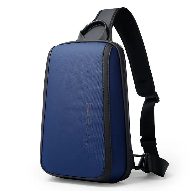 Blue men's Oxford cloth messenger bag with shoulder strap and handle, showing front view.