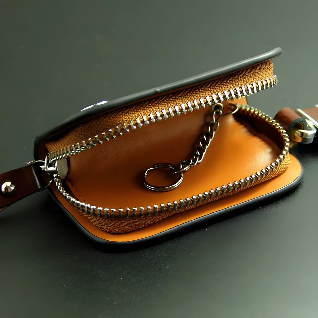Genuine leather car key case with frosted finish in black and brown colours