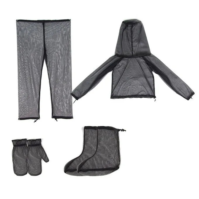 Four-piece anti mosquito suit set with hooded top, trousers and booties for outdoor protection