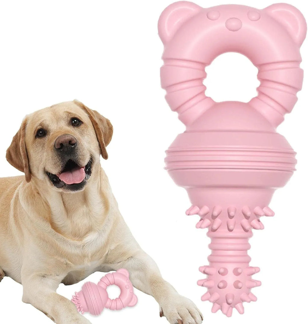 Blue rubber dog chew toy with molar cleaning texture and bell for aggressive chewers