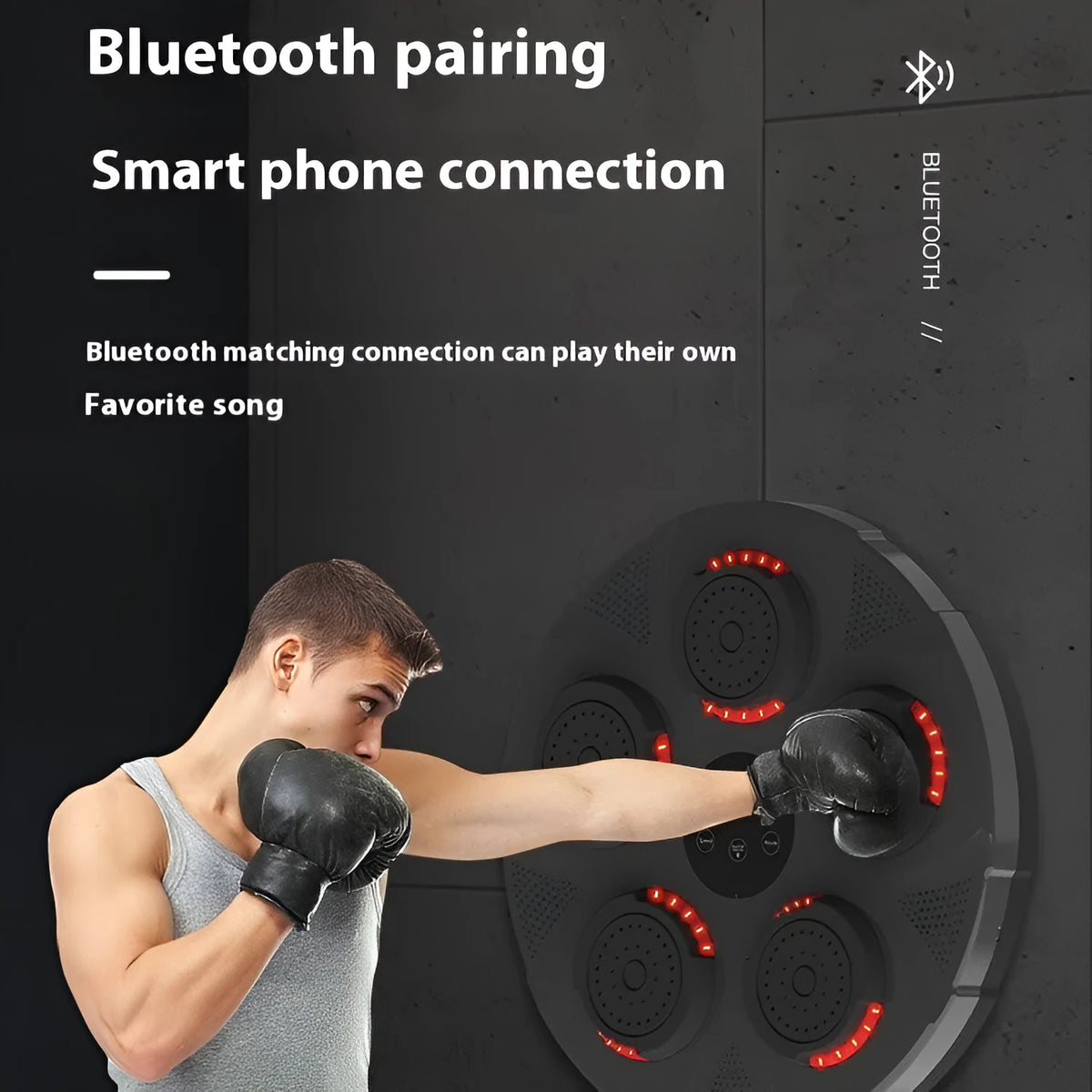 Smart wall-mounted boxing trainer with LED lights on ABS plastic housing, showing mounted position and striking target area.