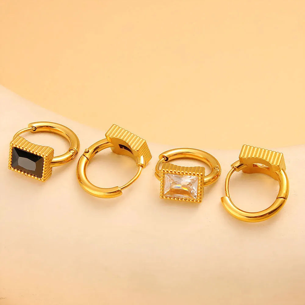 Square geometric stainless steel earrings with zircon detail in black, green, and white options