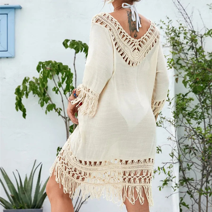 Apricot crocheted patchwork beach dress with regular sleeves and mid-length skirt