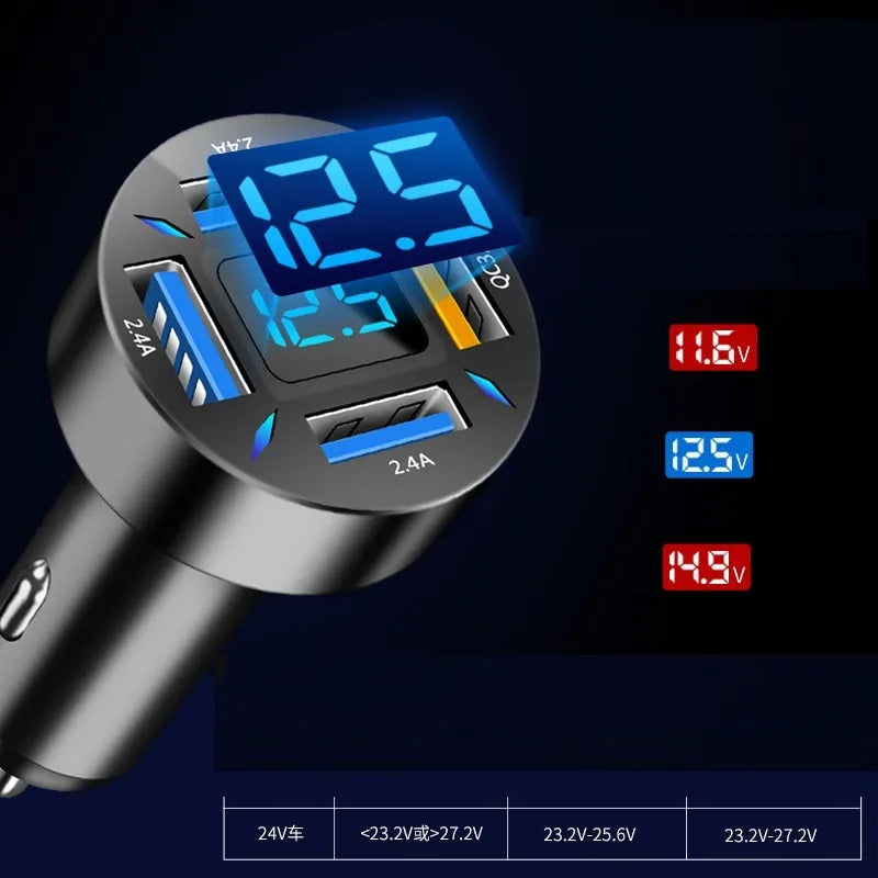 Black four-port USB car charger with LED digital display plugged into a vehicle socket.