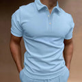 Men's loose fit button front short sleeve T-shirt in cotton blend spandex fabric.
