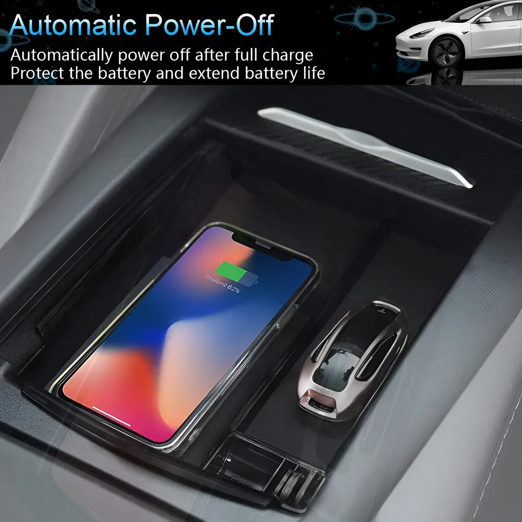 Black ABS plastic wireless charging storage box with QI fast charging support on a desk.