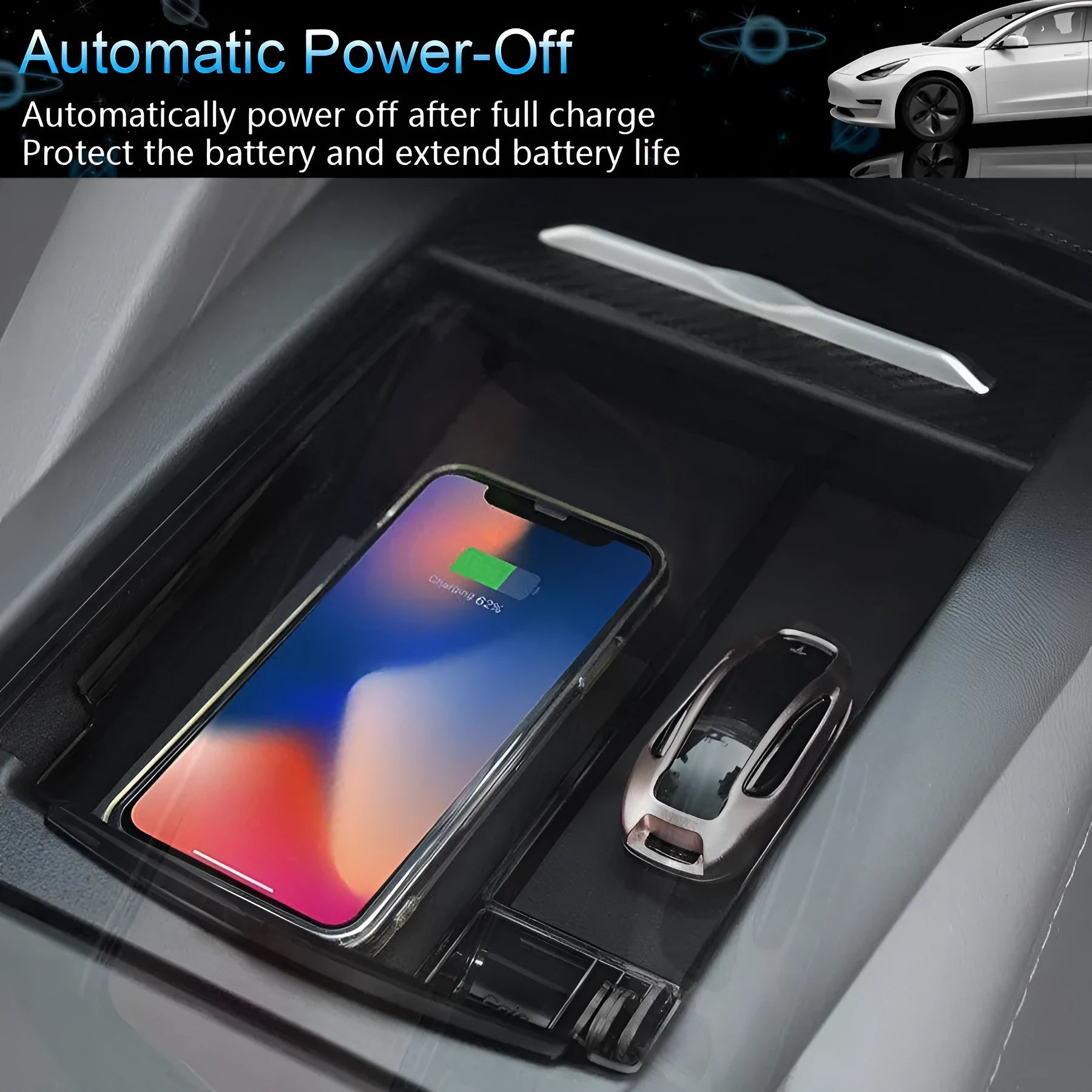 Black ABS plastic wireless charging storage box with QI fast charging support on a desk.
