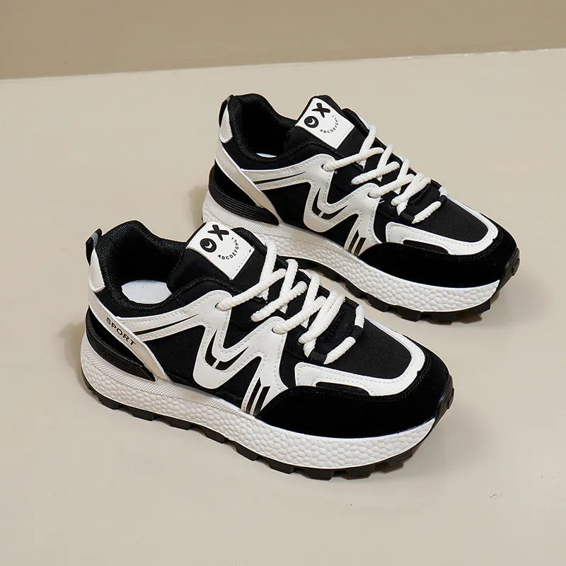 Women's solid colour platform sports casual shoes with round toe and lace-up fastening