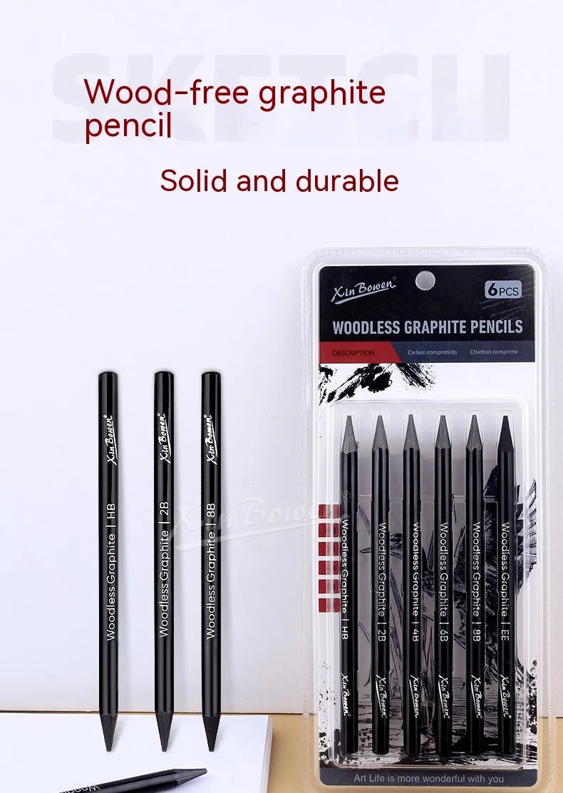 Set of six wood-free graphite sketching pencils with grades HB, 2B, 4B, 6B, 8B, and EE for art drawing.