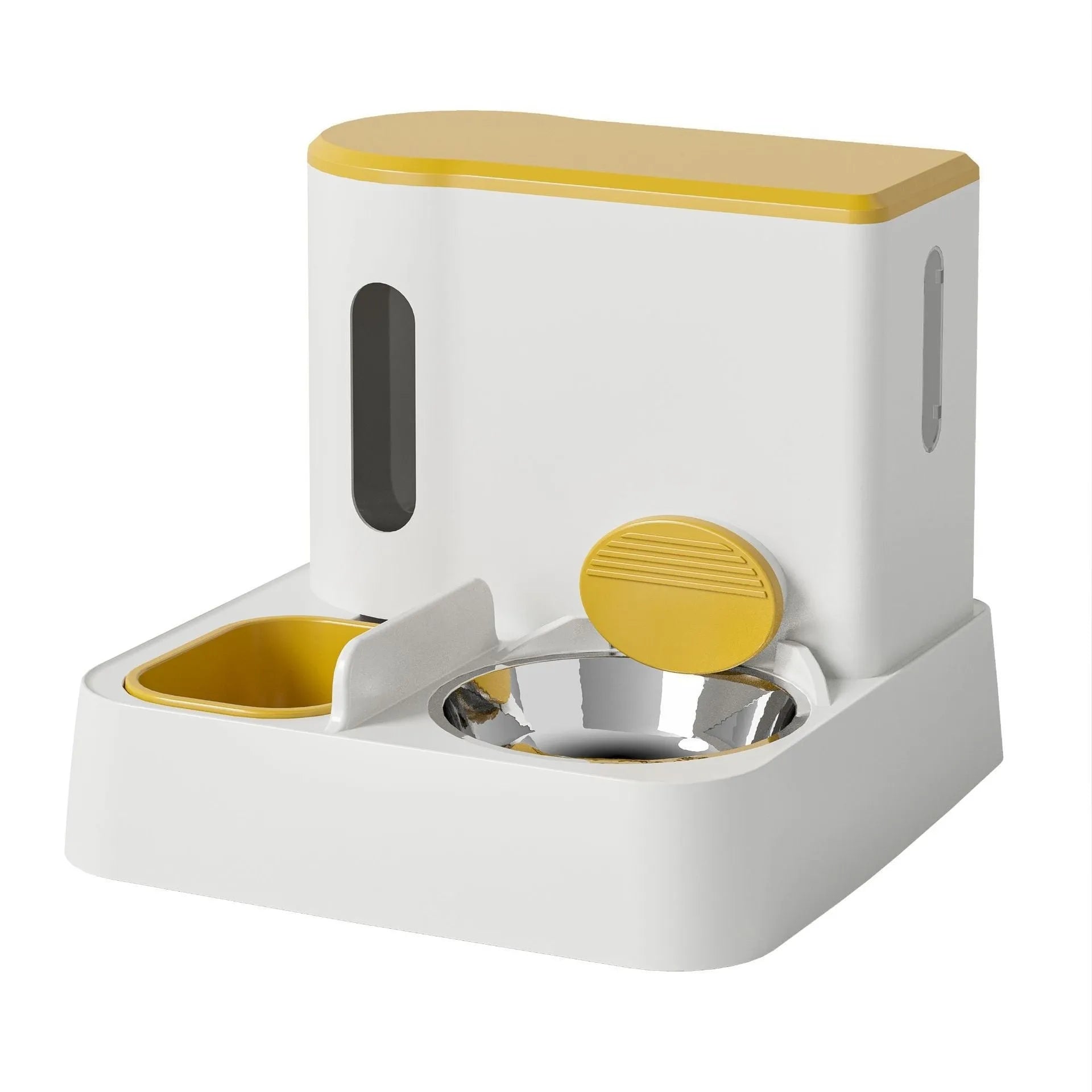 Grey automatic cat feeder and water dispenser station with integrated double bowls