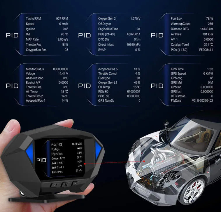 Black vehicle HUD head-up display unit with LCD screen showing driving information