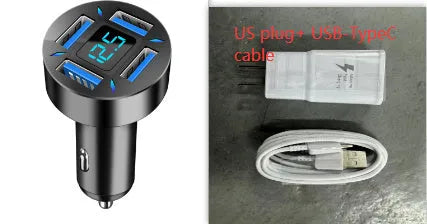 Black four-port USB car charger with LED digital display plugged into a vehicle socket.