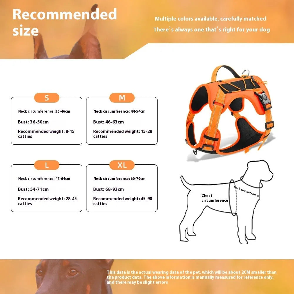 Orange reflective dog vest harness with an attached black hand-holding rope lead on a medium-sized dog.