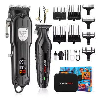 Black USB rechargeable hair clipper and foil shaver set with LED display.
