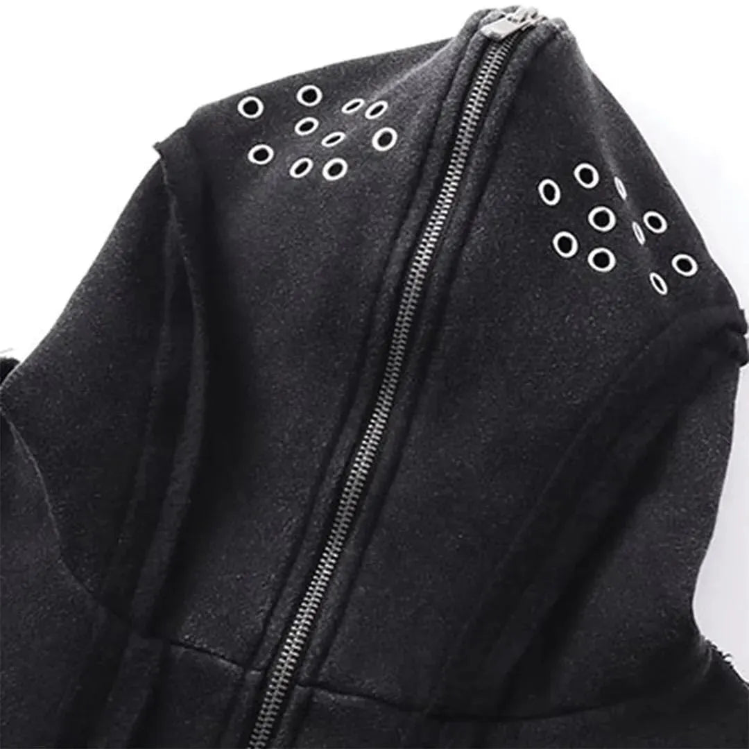 Black retro loose fit cotton coat with a zip front, hood, and abstract pattern detail.