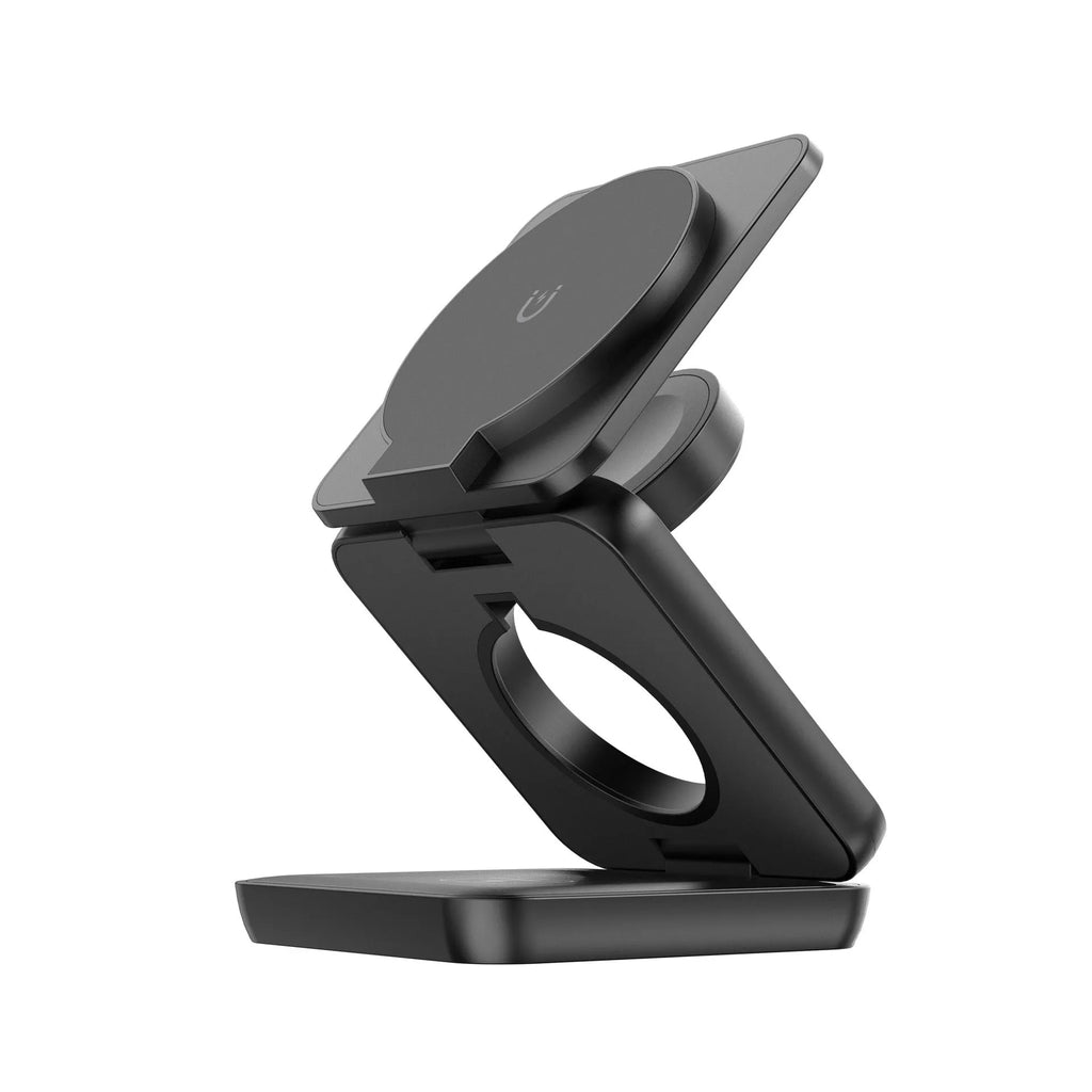Foldable magnetic wireless phone charger in black or white with QC3.0 fast charging