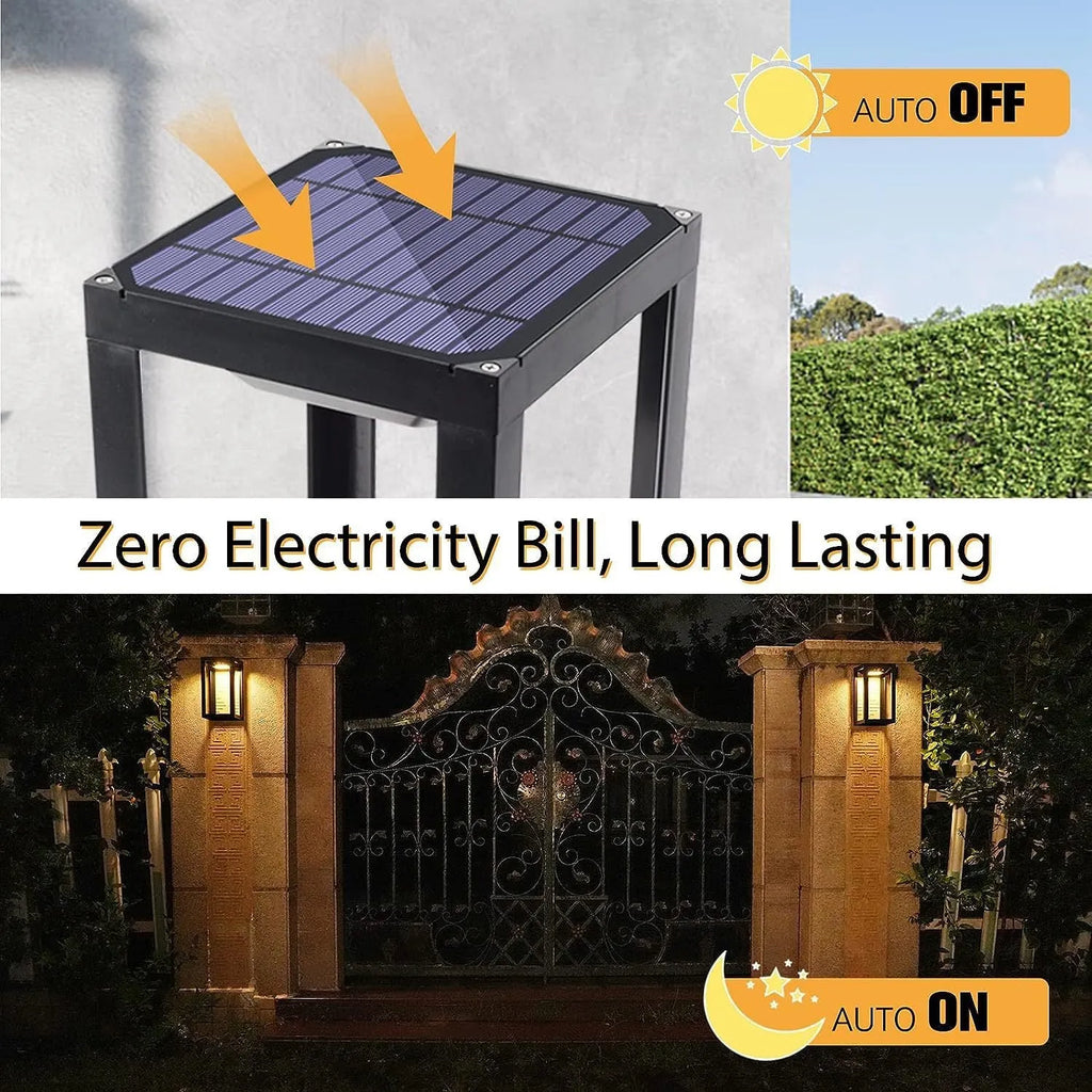 Modern Chinese-style outdoor solar wall lamp with plastic shell, shown in a garden setting.