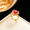 Gold red heart flower necklace with water wave chain and matching earrings and ring set