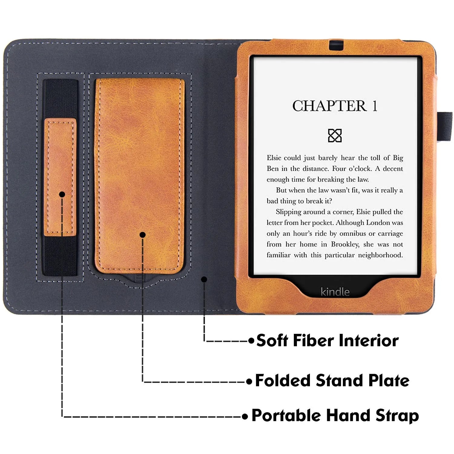 Kindle Paperwhite leather case with wrist splint bracket attached, showing calf leather exterior and microfiber interior