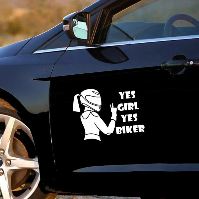 Cool girl rider character car waterproof sticker in black, white, and laser colours