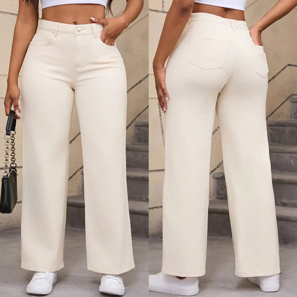 Women's high-waist straight wide-leg jeans in apricot colour, laid flat to show the cut and high-waist detail.