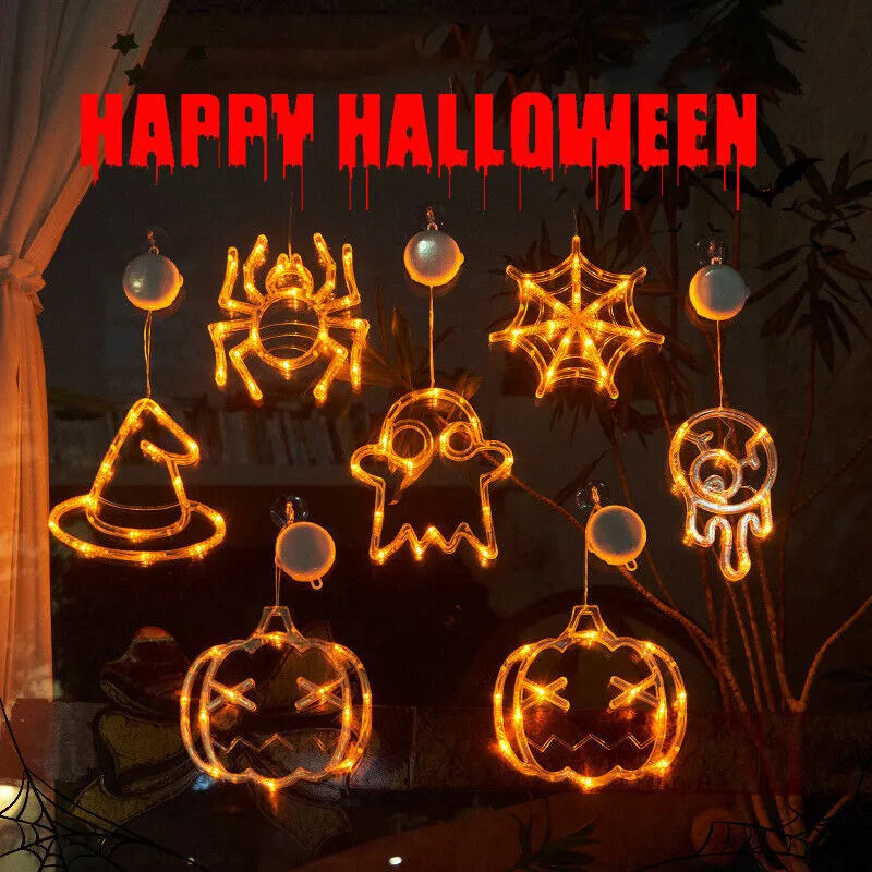 Halloween window hanging LED lights set with spider, pumpkin and ghost designs using battery power
