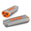 Grey and orange ultrasonic dog trainer device with three sound emitters on a black background.