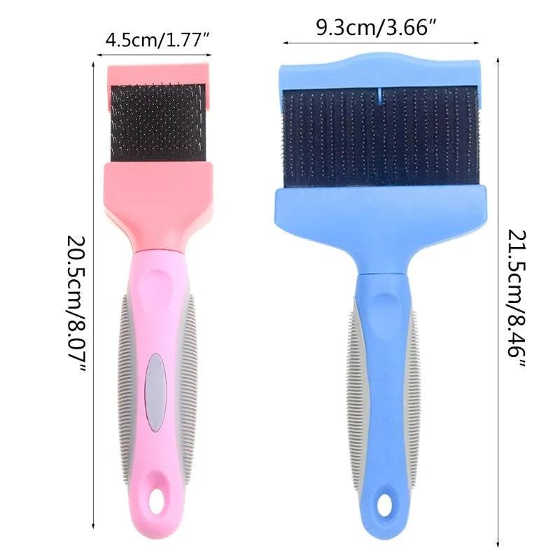 Double-sided pet grooming brush with stainless steel pins in blue or pink, showing ergonomic handle and pin details