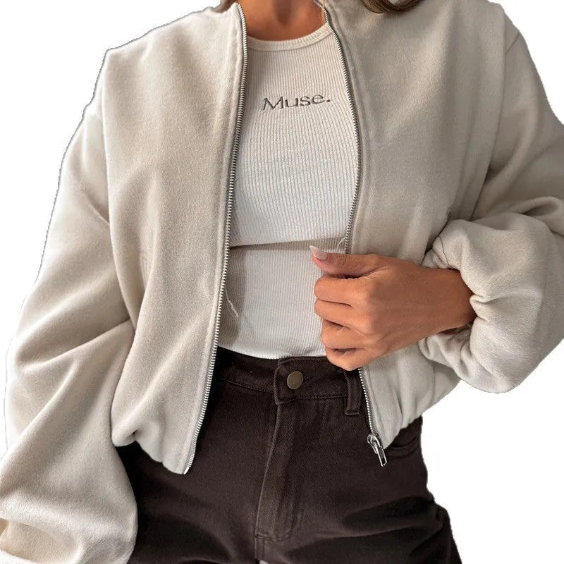 Women's off-shoulder short coat with lantern sleeves in milky white colour